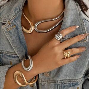 4pcs 2 tone jewelry set - New